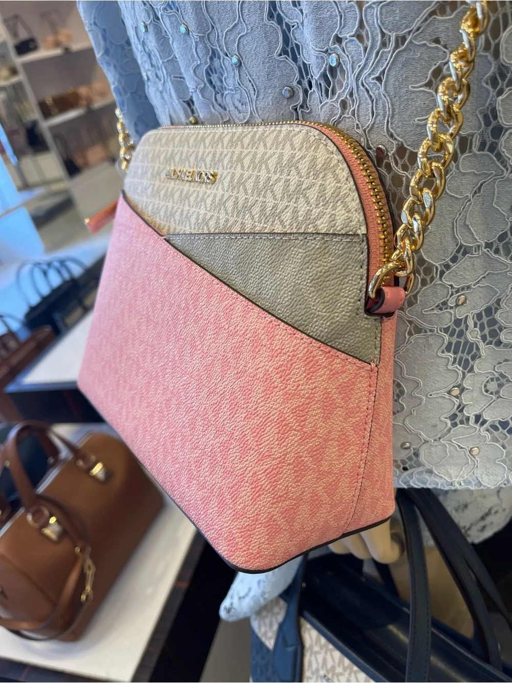 MICHAEL KORS JST Md Dome Color-Block Signature Logo Crossbody Bag Carnation NWT